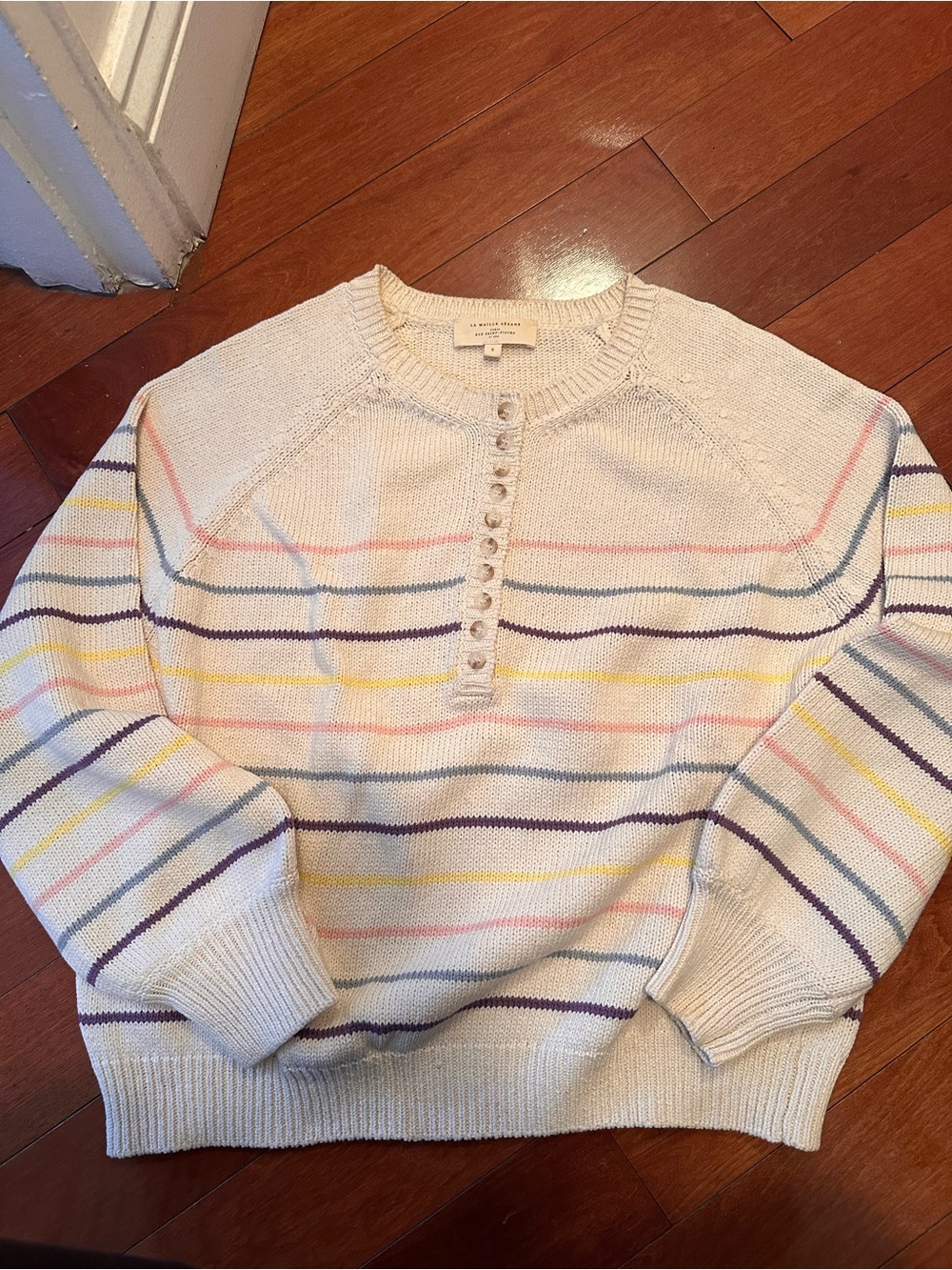 Sezane Ivory Henley Sweater with Pastel Stripes